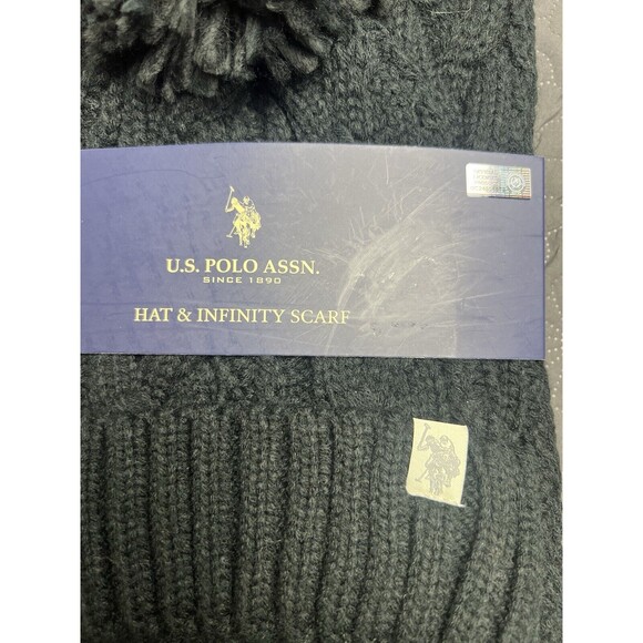 U.S Polo Assn. Cable Knit Pom Hat & Infinity Scarf Black NWT Fall Winter Chic - Picture 3 of 7